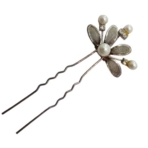 Vintage Sterling Silver Womens Hair Pin Pearl Flower Bridal Retro Jewelry main image 5